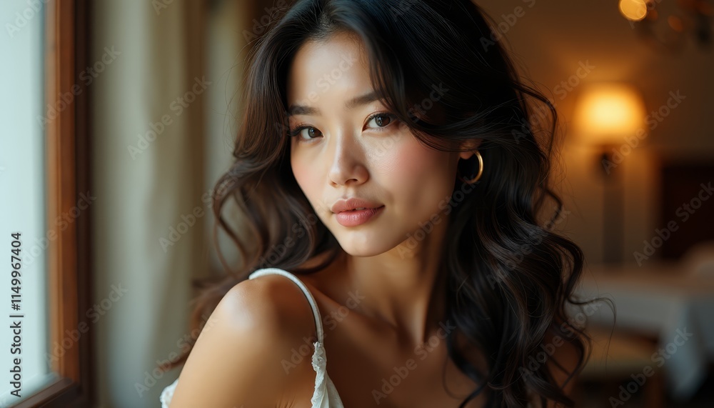 A woman with long dark hair looking out a window A woman with long dark hair looking out a window