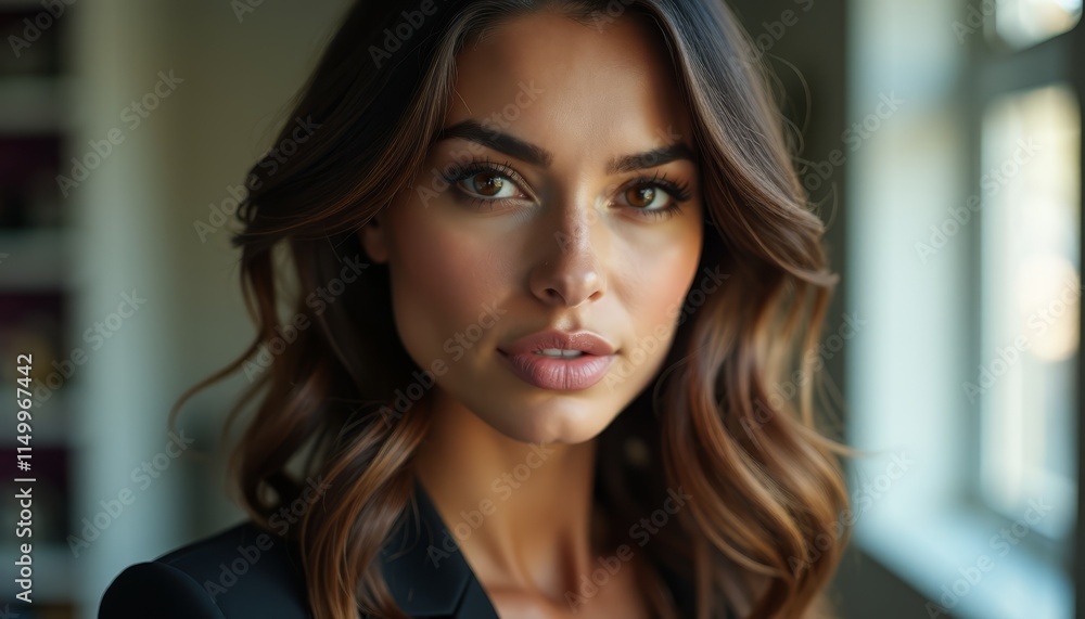 Fototapeta premium A woman with long brown hair wearing a black blazer