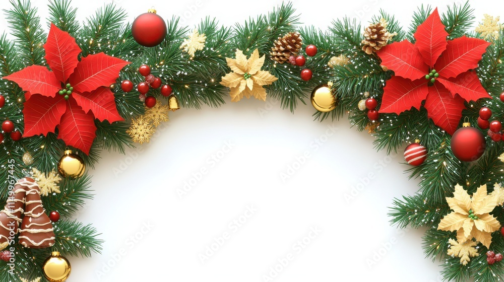 Festive Christmas arch frame with pine branches, red poinsettias, golden baubles, and ornaments surrounding a white copy space, perfect for holiday cards and greetings.
Festive Christmas arch frame with pine branches, red poinsettias, golden baubles, and ornaments surrounding a white copy space, perfect for holiday cards and greetings.