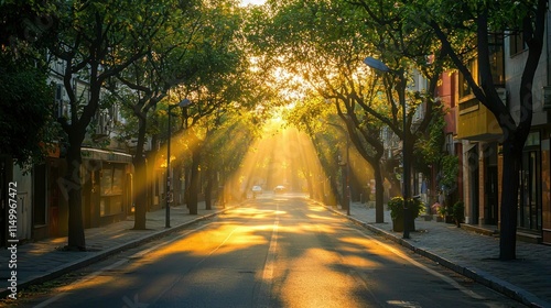 First light illuminating a quiet city street, with long shadows stretching