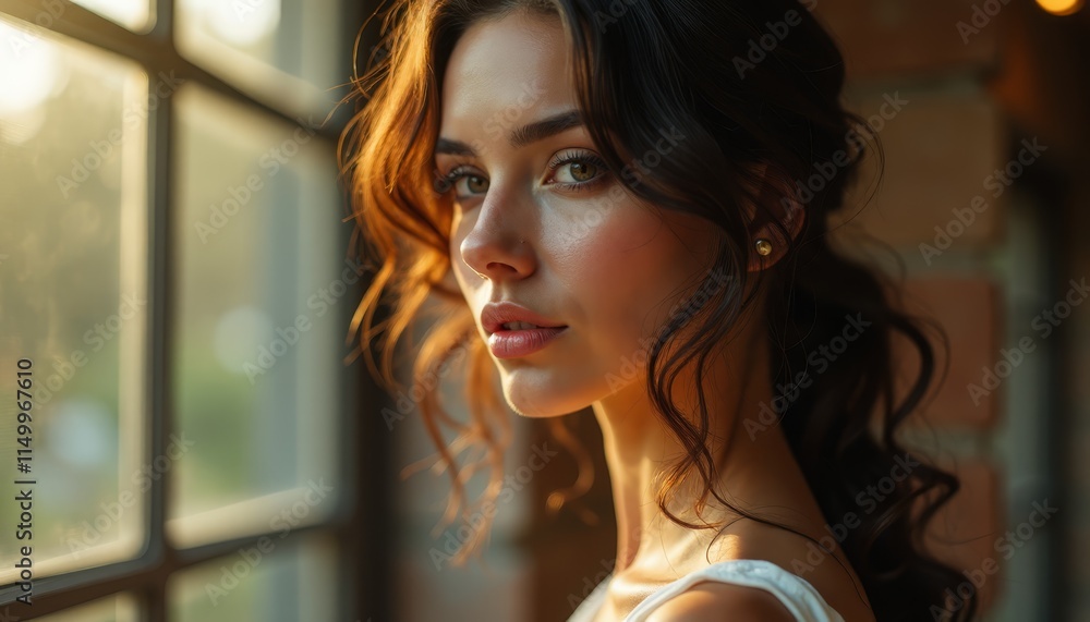 A woman looking out of a window at the sun A woman looking out of a window at the sun