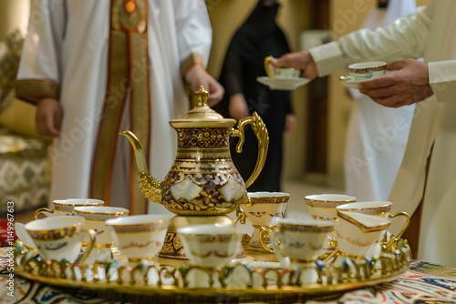 A traditional Saudi coffee ceremony setup, highlighting the ornate teapot, coffee cups, and cultural significance of the ritual.