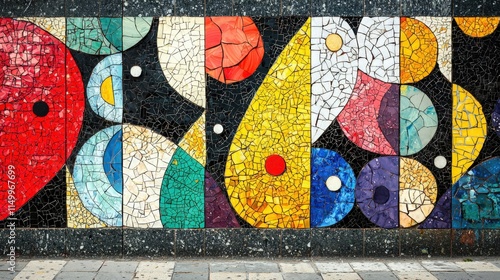 Colorful mosaic wall art displays vibrant patterns in an urban setting