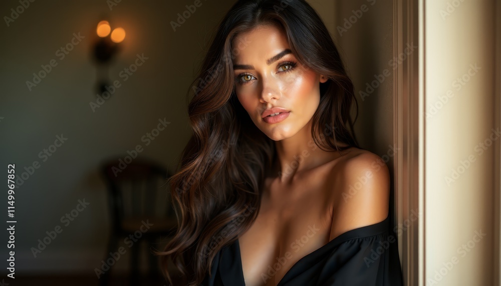 A woman in a black dress leaning against a wall A woman in a black dress leaning against a wall
