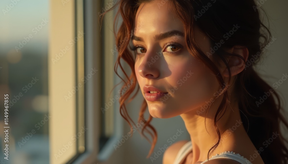 A woman looking out of a window at the sunset A woman looking out of a window at the sunset