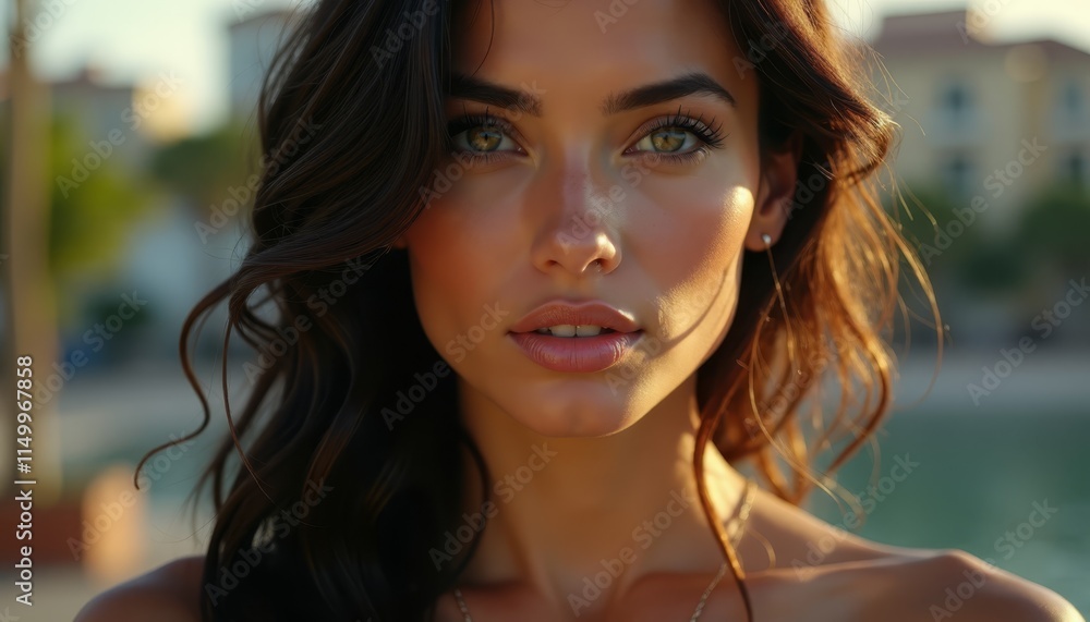 A woman with long brown hair and green eyes A woman with long brown hair and green eyes