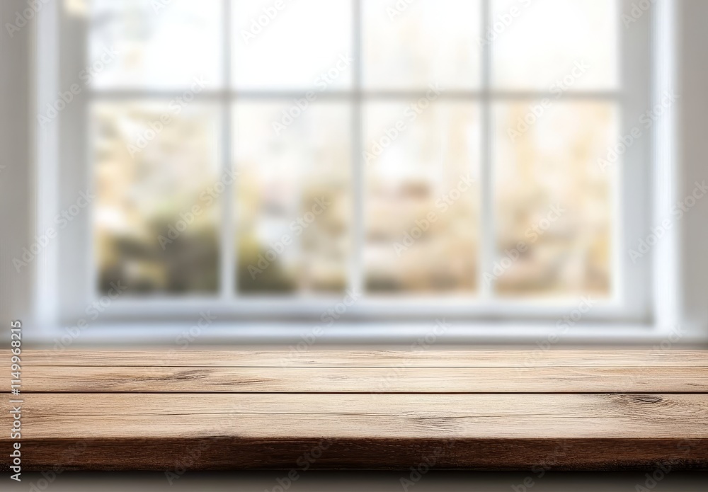 Wooden table near window with blurred garden view. Wooden table near window with blurred garden view.