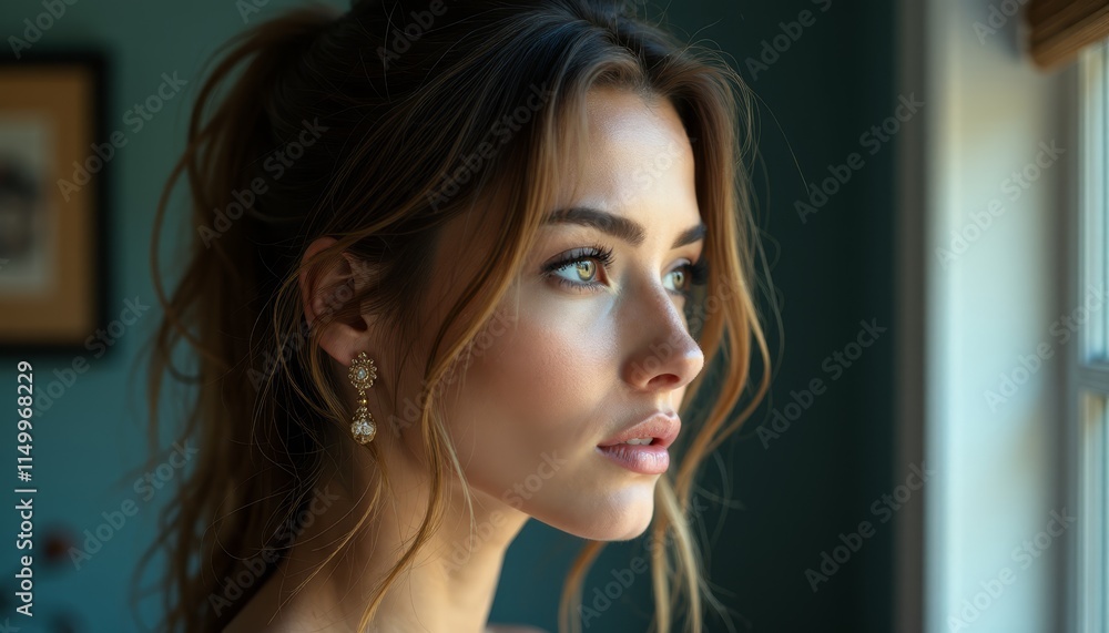A woman looking out of a window with her hair in a messy bun A woman looking out of a window with her hair in a messy bun