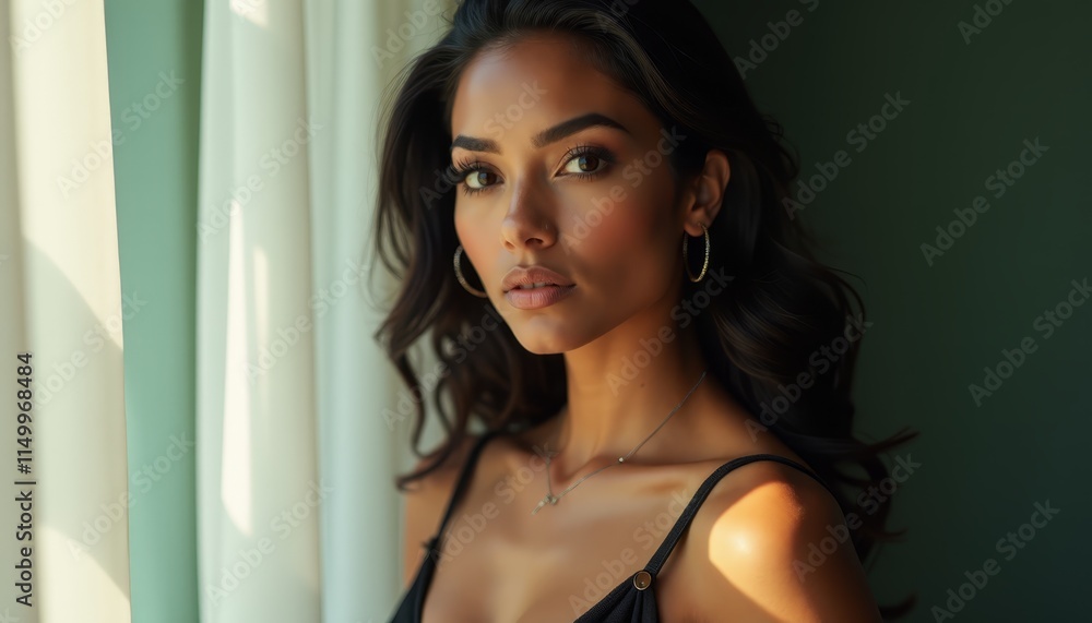 A woman in a black dress leaning against a window A woman in a black dress leaning against a window