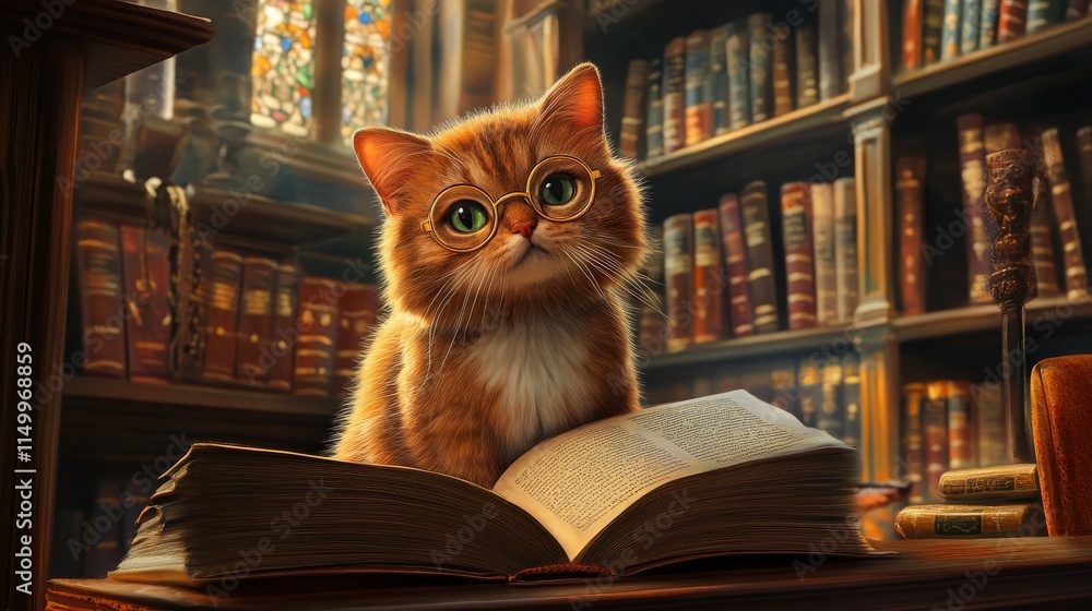 A ginger kitten wearing round glasses sits in front of an open book in a classic library setting. The warm atmosphere and antique surroundings create a charming and thoughtful scene, perfect for A ginger kitten wearing round glasses sits in front of an open book in a classic library setting. The warm atmosphere and antique surroundings create a charming and thoughtful scene, perfect for