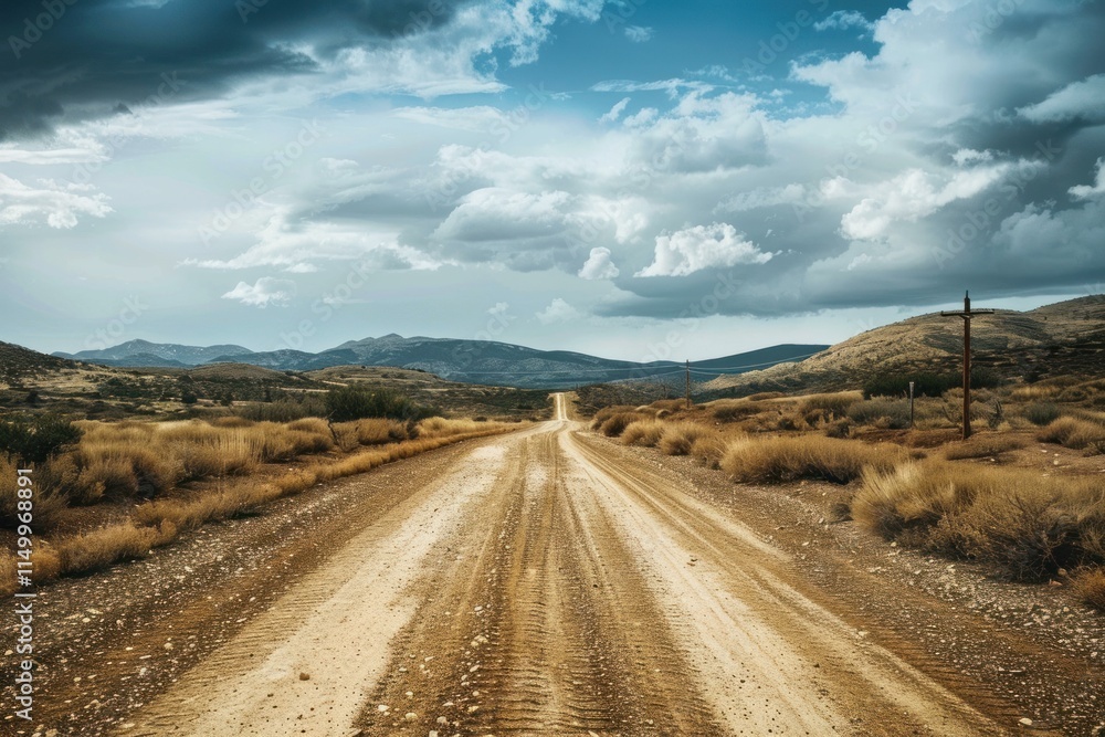Fototapeta premium Scenic view of a long dirt road stretching through a dry desert landscape under a cloudy sky, hinting at adventure and exploration