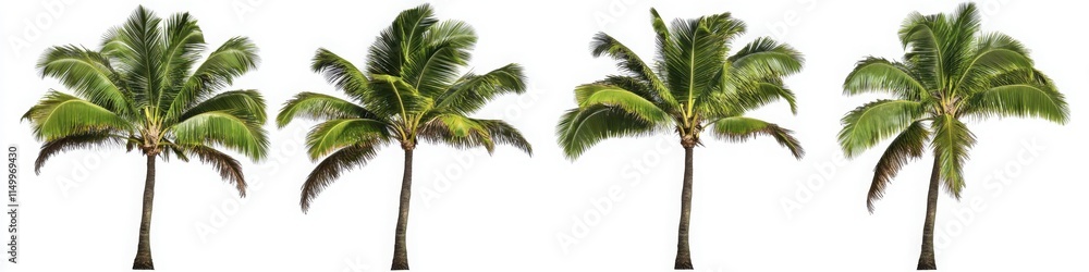 Obraz premium Tropical palm trees in a row, showcasing lush green fronds and natural beauty, ideal for vacation themes, tropical designs, or environmental concepts.