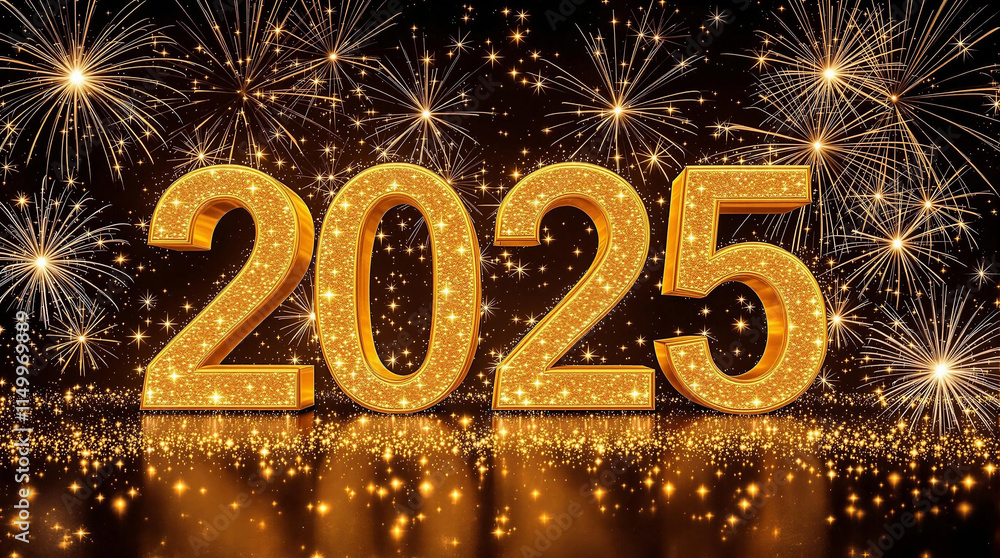 Golden 3D numerals. 2025 Happy New Year text with on light background Golden 3D numerals. 2025 Happy New Year text with on light background