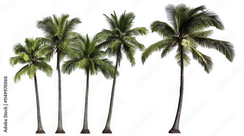Obraz premium Five palm trees with lush green fronds isolated on a white background, ideal for tropical and design projects