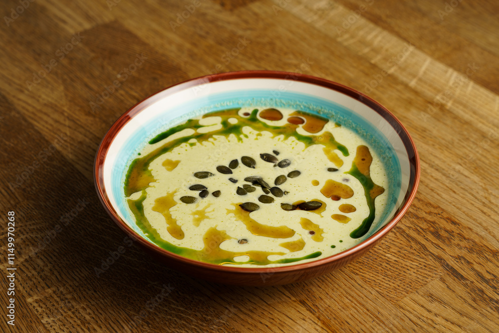Creamy pumpkin soup with pumpkin seeds and oil drizzle Creamy pumpkin soup with pumpkin seeds and oil drizzle