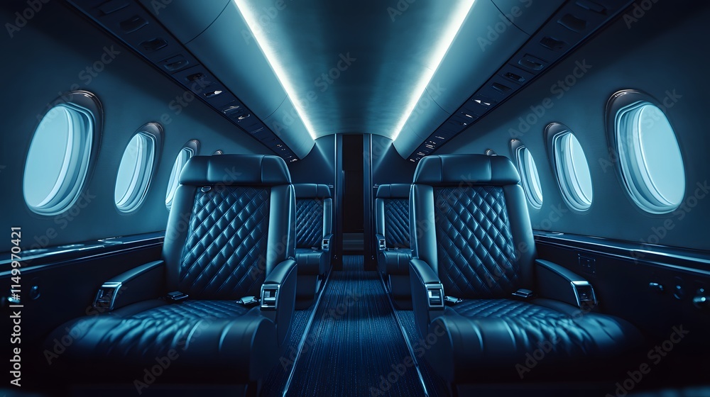 Fototapeta premium The interior of a luxurious private jet is presented with deep navy blue leather seats and polished chrome details in a symmetrical aisle view, capturing the high-end corporate atmosphere.