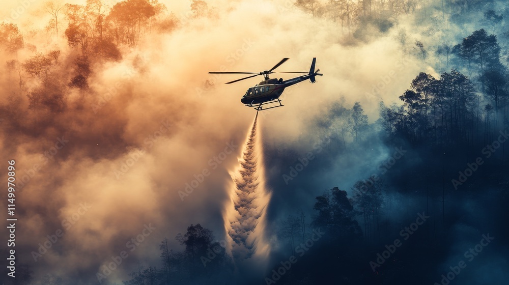 A helicopter releases a stream of water over a dense forest engulfed in flames, showcasing the intense effort of aerial firefighting. The smoke-filled sky and trees create a dramatic scene.. AI A helicopter releases a stream of water over a dense forest engulfed in flames, showcasing the intense effort of aerial firefighting. The smoke-filled sky and trees create a dramatic scene.. AI