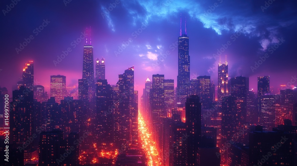 Fototapeta premium Night cityscape, vibrant purple, glowing skyscrapers.
