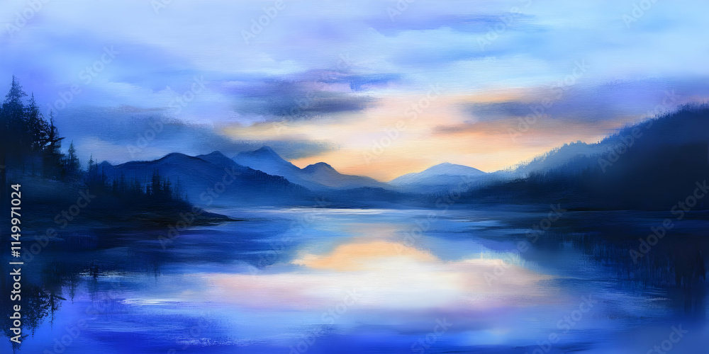 Fototapeta premium Serene landscape with mountains and a calm lake reflecting a colorful sky at dusk.