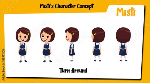 Cute little girl cartoon character model sheet. School girl character design model sheet. Turn around set, vector, illustration.