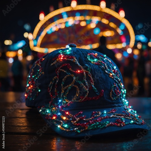 A cap with festive lights attached, glowing in a night-time carnival.

