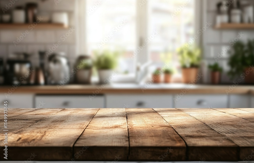 Rustic wooden table in front of blurred kitchen. Rustic wooden table in front of blurred kitchen.