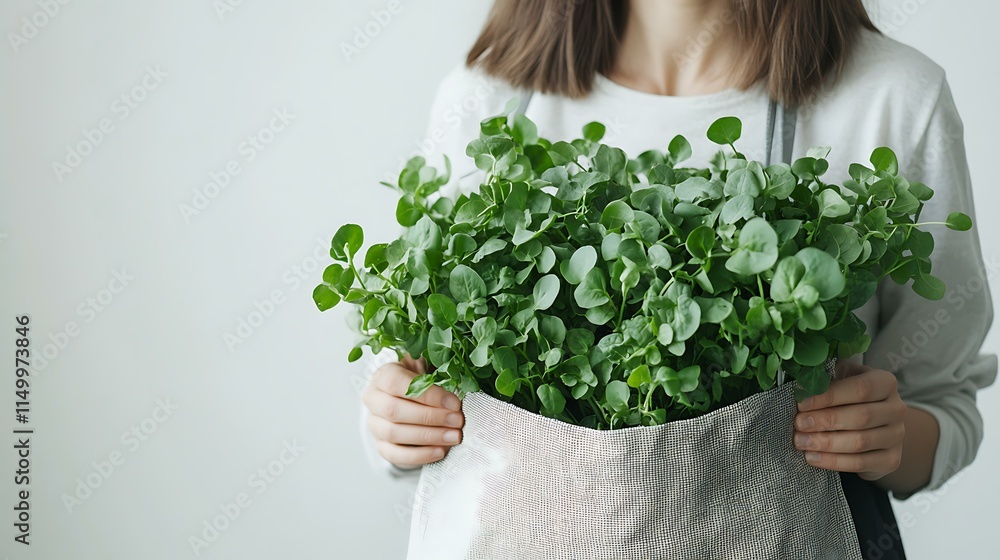 A health-conscious shopper filling their reusable bag with organic greens A health-conscious shopper filling their reusable bag with organic greens