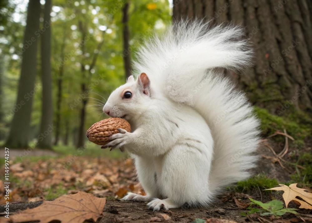 Fluffy white squirrel with a nut in its paws Fluffy white squirrel with a nut in its paws