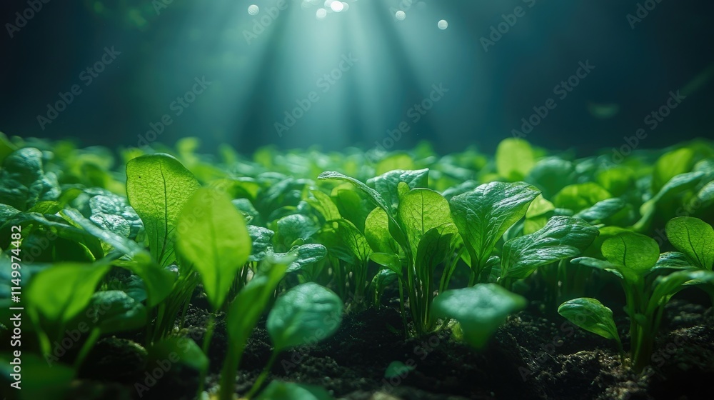 Fototapeta premium Lush green spinach seedlings growing in rich soil, illuminated by sunlight from above.