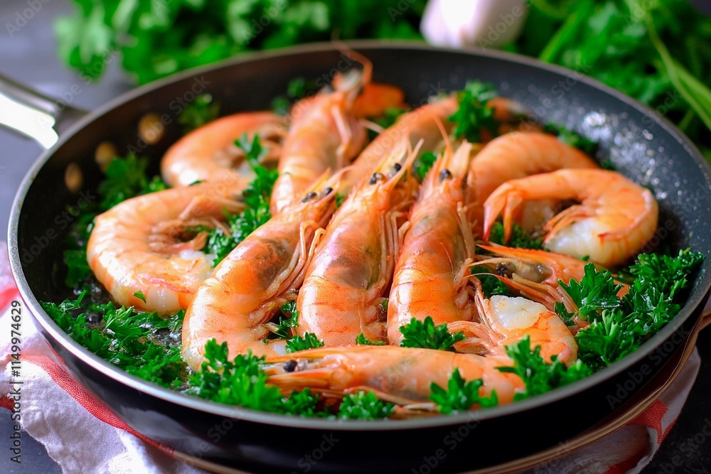 Deliciously vibrant shrimp sautéed with fresh herbs in a rustic kitchen setting Deliciously vibrant shrimp sautéed with fresh herbs in a rustic kitchen setting