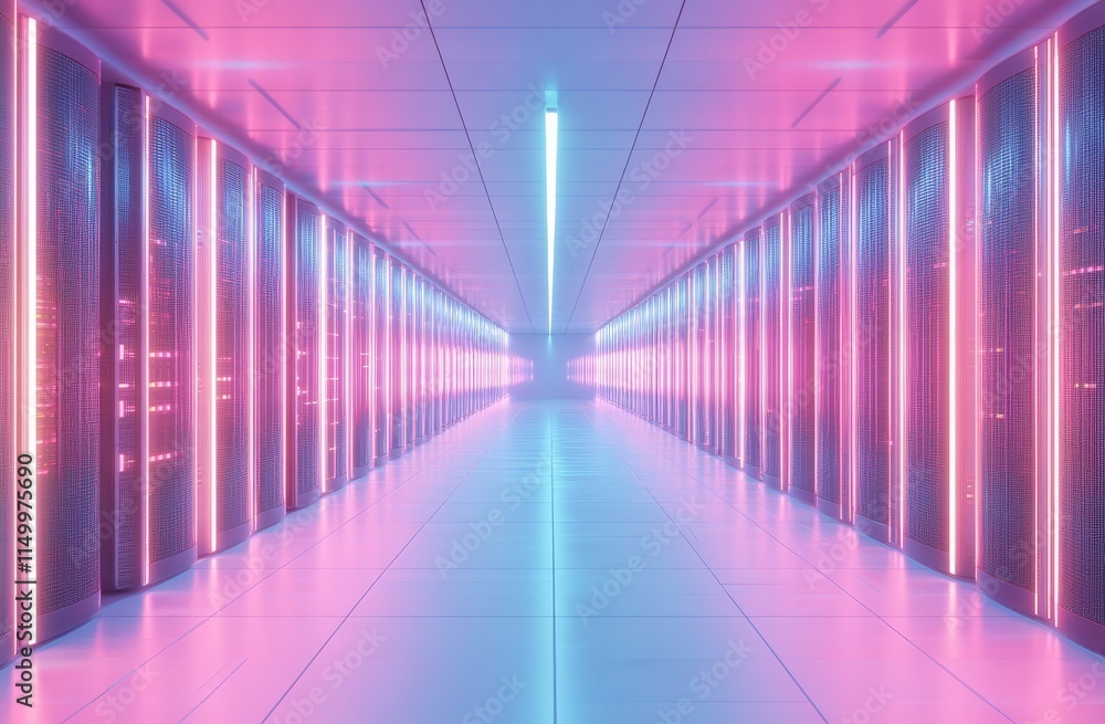Futuristic server room with neon lighting, rows of servers, and a long corridor. Futuristic server room with neon lighting, rows of servers, and a long corridor.