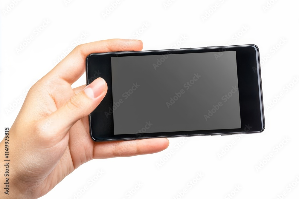 Hand showing smartphone with blank screen on white background. Hand showing smartphone with blank screen on white background.