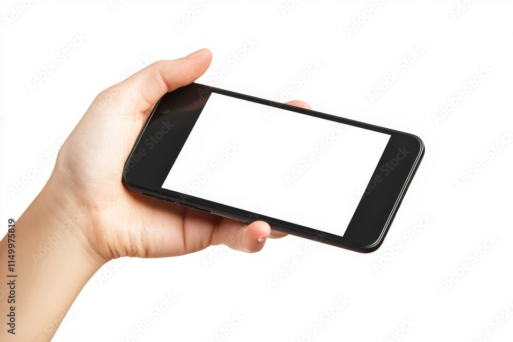 Hand showing smartphone with blank screen on white background.