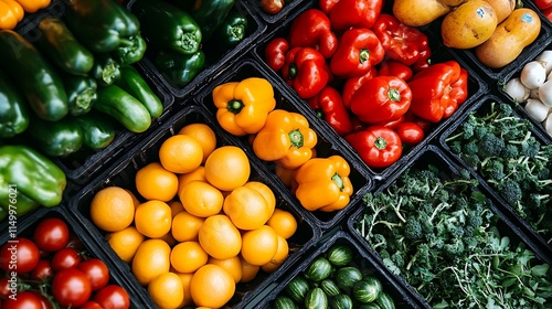 An overhead view of a colorful produce section in a health-focused supermarket
