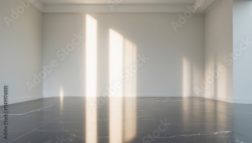 Light reflects on a polished marble floor in an elegant interior space during daylight hours photo