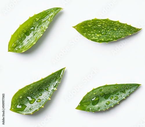 Four fresh aloe vera leaves with water droplets on white background.