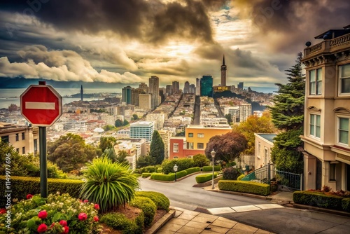 Vintage San Francisco Lombard Street Stop Sign Cityscape Cloudy Sky