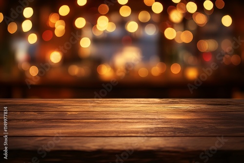 Dark wooden table with blurred bar lights background. (1) photo