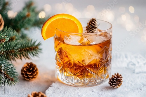 Cozy winter drink garnished with orange and pinecones evokes holiday cheer photo