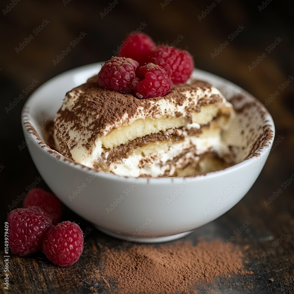 A decadent and creamy tiramisu with layers of coffee-soaked ladyfingers and mascarpone cheese, served in a white bowl, Tiramisu centered A decadent and creamy tiramisu with layers of coffee-soaked ladyfingers and mascarpone cheese, served in a white bowl, Tiramisu centered