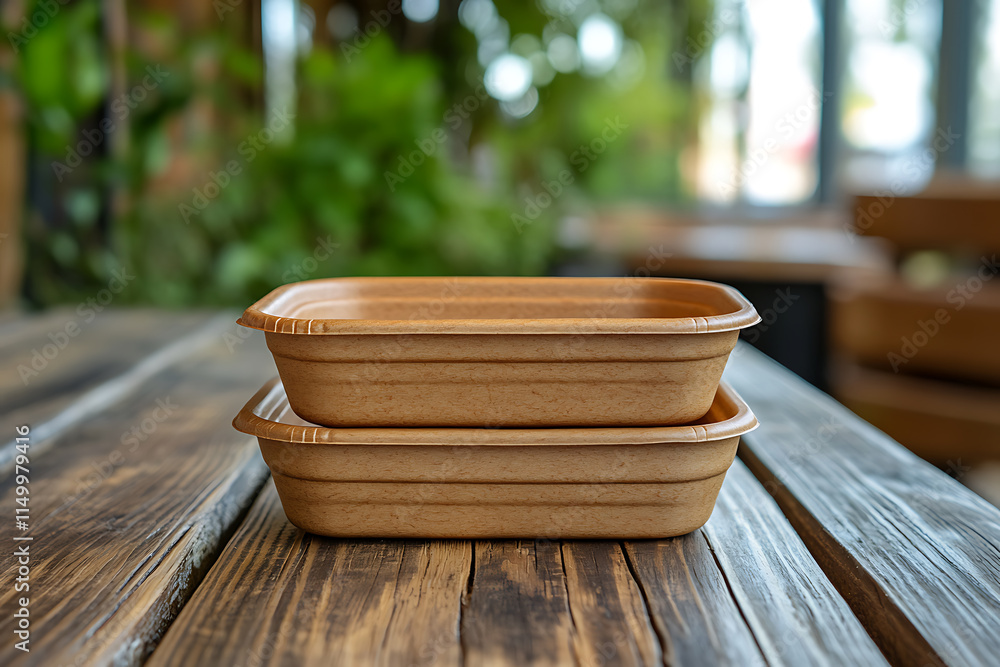 Sustainable Food Containers on Wooden Table Sustainable Food Containers on Wooden Table