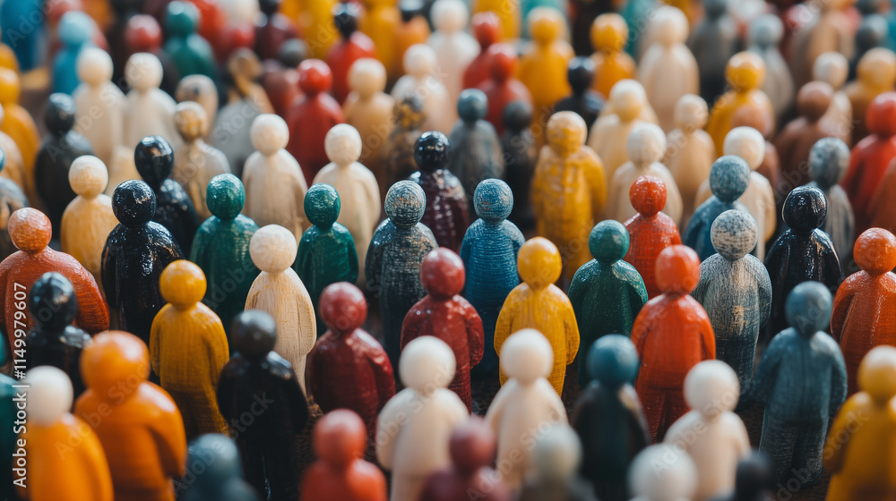 Fototapeta premium Colourful wooden figures, visualizing diversity of all people, created with generative AI technology