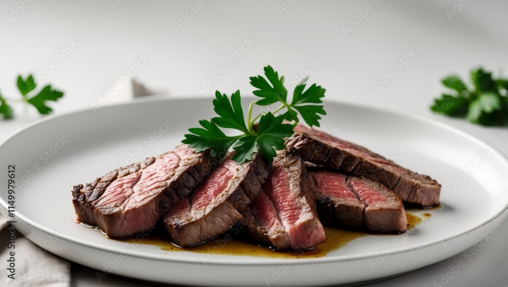 Grilled Beef Steak Slices Garnished with Fresh Parsley on Plate Grilled Beef Steak Slices Garnished with Fresh Parsley on Plate