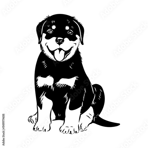 Doodle One Line Drawn Rottweiler . Black Curve Rottweiler dog, vector sketch