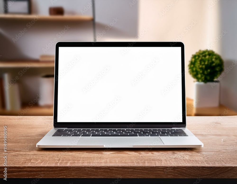 Generated image Blank Screen Laptop Mockup on Wooden Desk Generated image Blank Screen Laptop Mockup on Wooden Desk