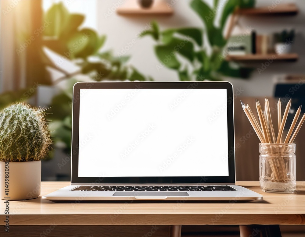 Fototapeta premium Generated image Blank Screen Laptop Mockup on Wooden Desk