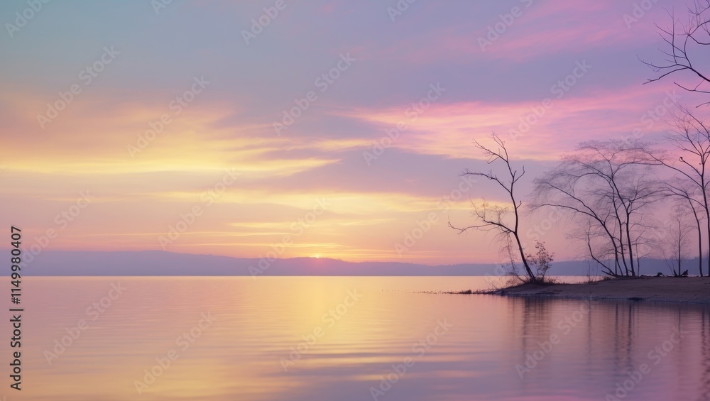 A lake with a beautiful sunset in the background A lake with a beautiful sunset in the background