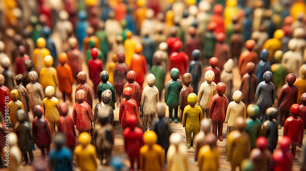 Fototapeta premium Colourful wooden figures, visualizing diversity of all people, created with generative AI technology
