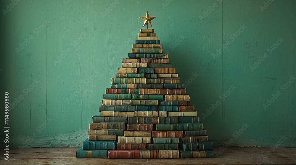 minimalist Christmas tree made entirely of books, arranged in a triangular shape against a teal green background minimalist Christmas tree made entirely of books, arranged in a triangular shape against a teal green background