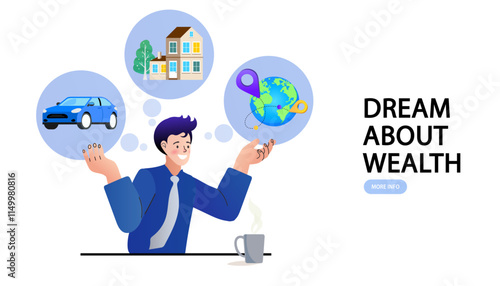 A thoughtful man sitting at a desk, planning his future life. Concept of life planning, financial planning for retirement, dreaming of owning a house, buying a car, and traveling the world. Vector.